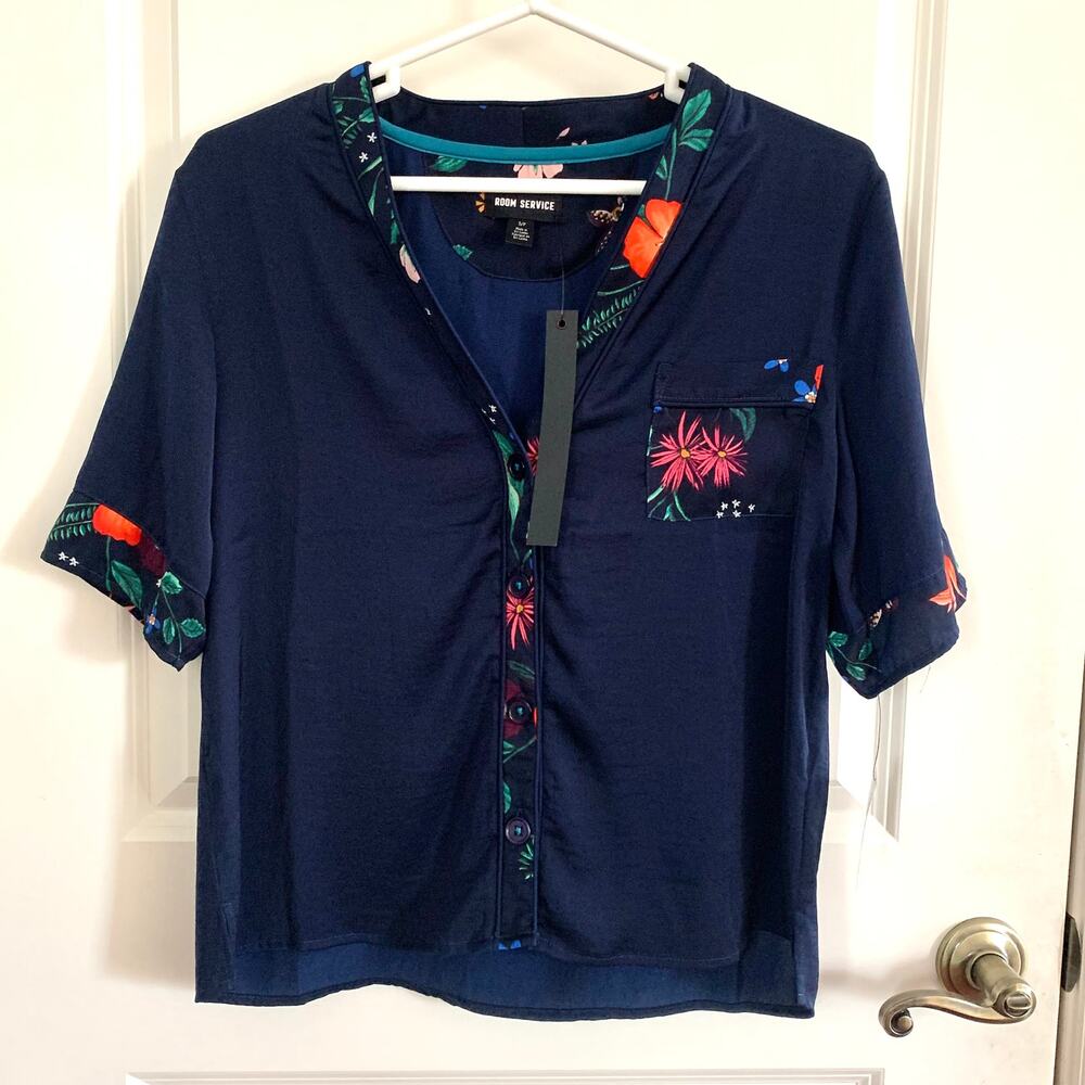Room Service Floral Trim Button Pajama Top in Navy